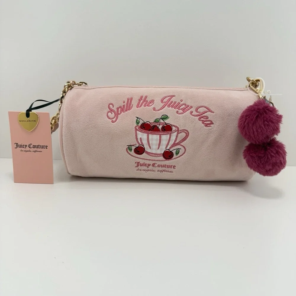 Juicy Couture Pink Embroidered Satchel Top Handle Zip Bag w/Charms, Strap